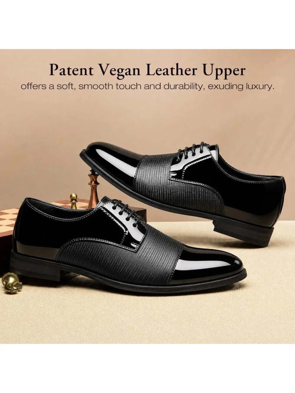 Men Black Patent Leather Shiny Textured Formal Wedding Derby Oxford Tuxedo Shoes